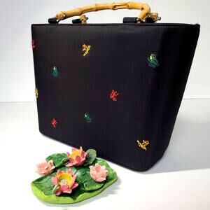 Vintage Themed Handbag Miniature Lily Pad Tea Set Embroidered Frogs Fairy Magic